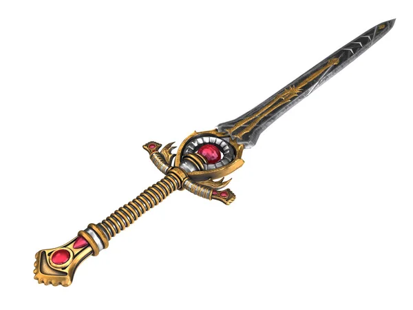 Longue épée fantaisie avec pierre rouge sur un fond isolé. Illustration 3d — Photo