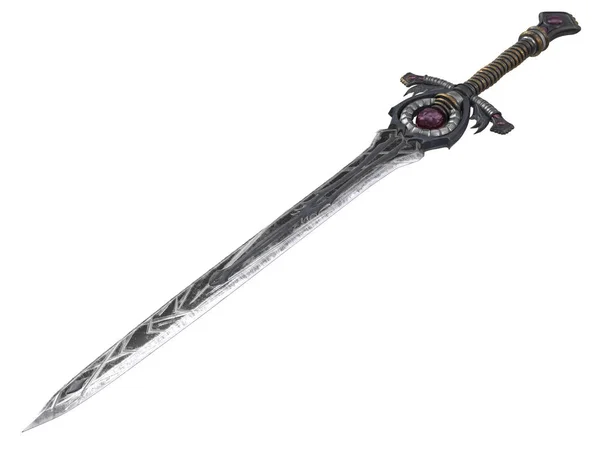 Hosszú fantasy kard egy elszigetelt háttér piros kővel. 3D-s illusztráció — Stock Fotó