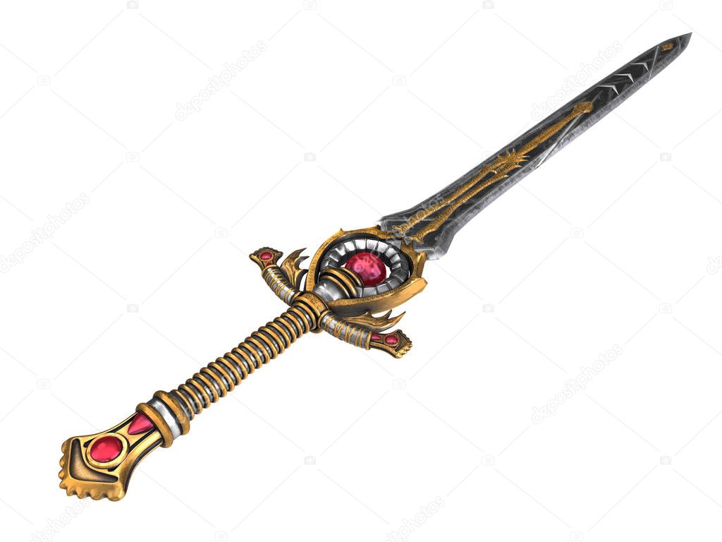 Long fantasy sword with red stone on an isolated background. 3d illustration