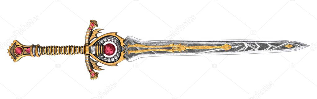 Long fantasy sword with red stone on an isolated background. 3d illustration