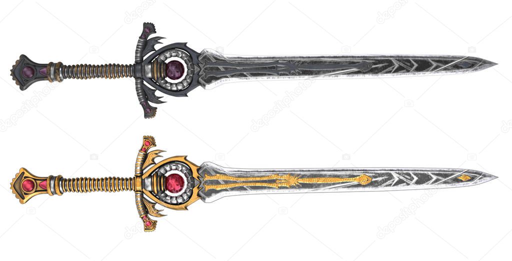Long fantasy sword with red stone on an isolated background. 3d illustration