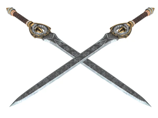 Espada larga de fantasía con motivos y cuero en la empuñadura sobre un fondo blanco aislado. ilustración 3d —  Fotos de Stock