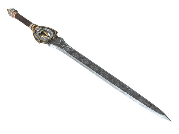 Фантазия длинный меч с узорами и кожей на ручке на изолированном белом фоне. 3d иллюстрация
