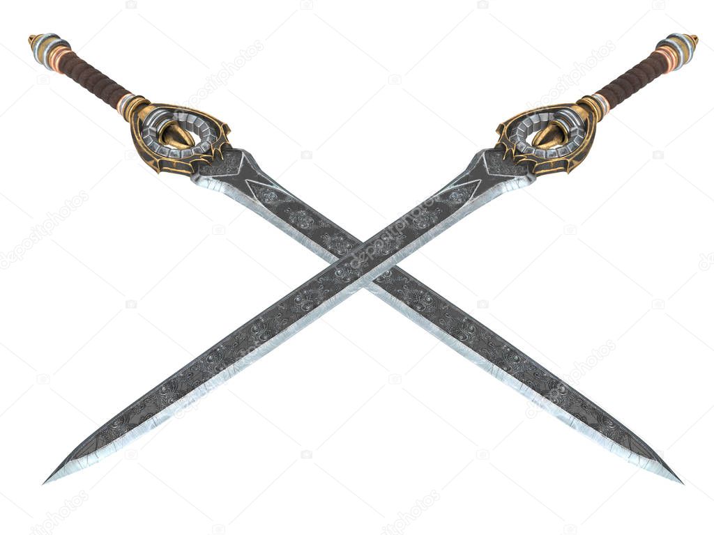 Fantasy long sword with patterns and leather on the handle on an isolated white background. 3d illustration