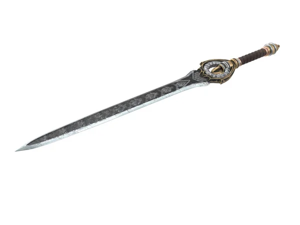 Fantaisie longue épée avec des motifs et du cuir sur la poignée sur un fond blanc isolé. Illustration 3d — Photo