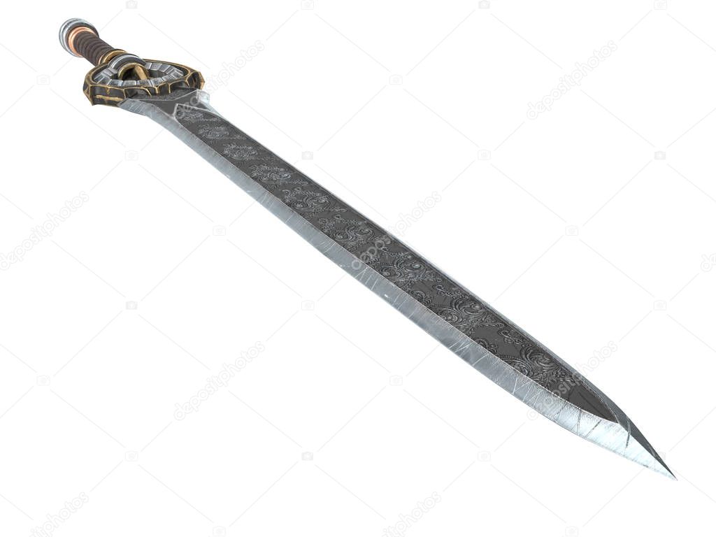Fantasy long sword with patterns on an isolated white background. 3d illustration