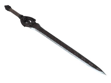 Fantezi longsword izole bir beyaz arka plan üzerinde büyük bekçi ile. 3D çizim