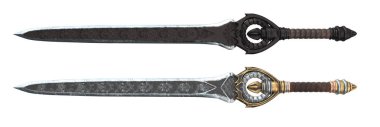 Fantezi longsword izole bir beyaz arka plan üzerinde büyük bekçi ile. 3D çizim