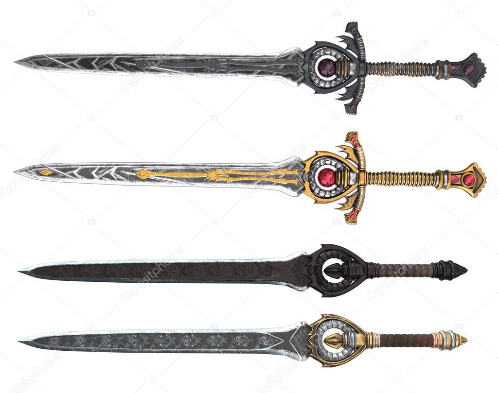 Fantasy longsword with large guard on an isolated white background. 3d illustration