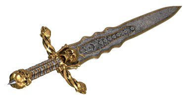 kafatası ve kemikler izole bir beyaz zemin üzerine uzun kılıçla. 3D çizim