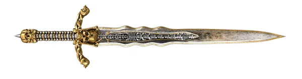 Espada larga con cráneo y huesos sobre un fondo blanco aislado. ilustración 3d —  Fotos de Stock