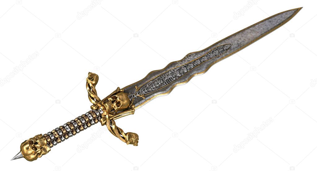 long sword with skull and bones on an isolated white background. 3d illustration