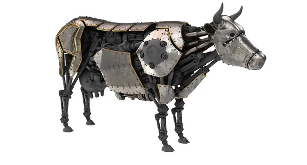 Mekaniska robot ko i stiunk stil på en isolerad vit bakgrund. 3D illustration — Stockfoto