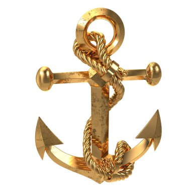 Golden sea anchor on an isolated white background. 3d illustration clipart