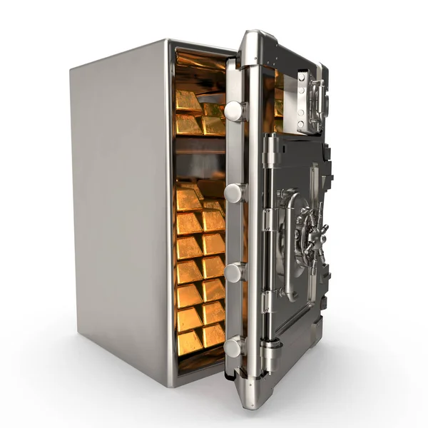 open bank safe with gold bars on an isolated white background. 3d illustration