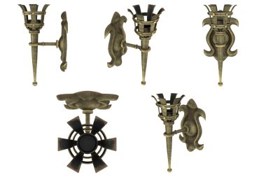 Ortaçağ bronz duvar meşale 3d illüstrasyon izole bir beyaz zemin üzerine