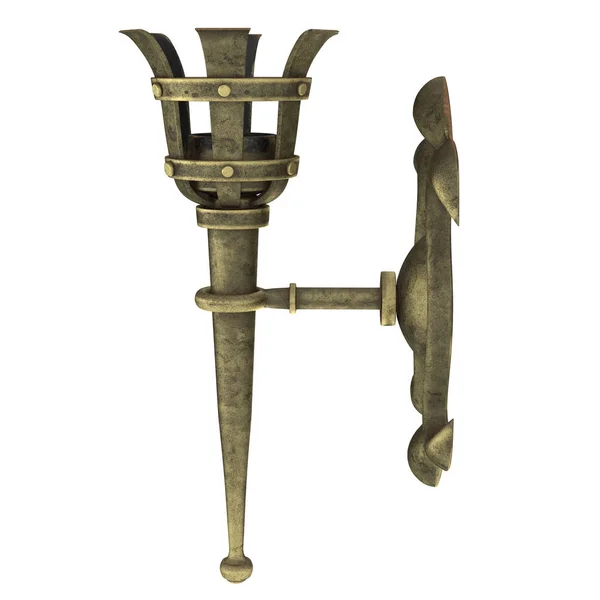 Antorcha de pared de bronce medieval sobre un fondo blanco aislado, ilustración 3d — Foto de Stock