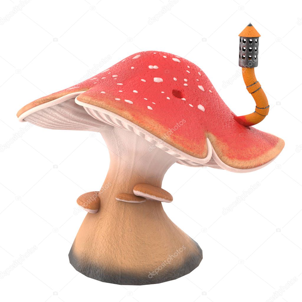 fantasy cartoon big mushroom with a pipe on an isolated white background, 3d illustration