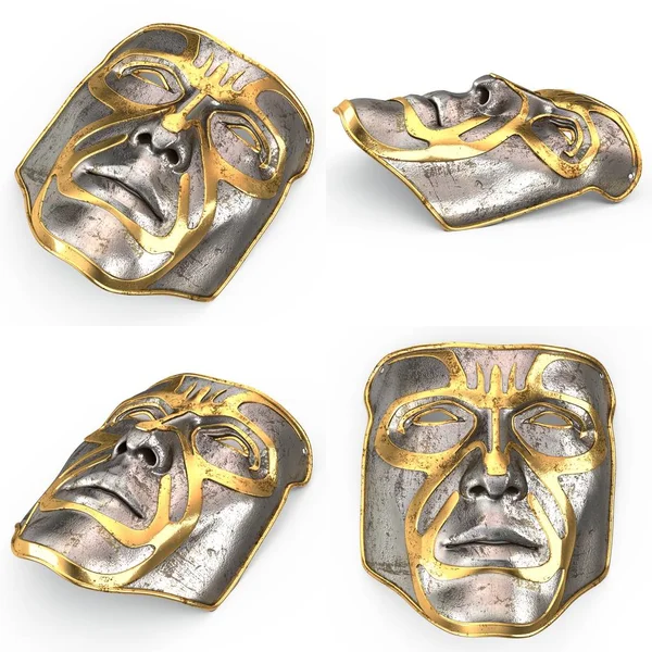 Σίδηρο μάσκα στο πρόσωπο, με το χρυσό ένθετα σε απομονωμένες άσπρο φόντο. 3D απεικόνιση — Φωτογραφία Αρχείου