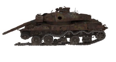 paslı muharebe tankı izole bir beyaz arka plan üzerinde zarar görmüş. 3D çizim