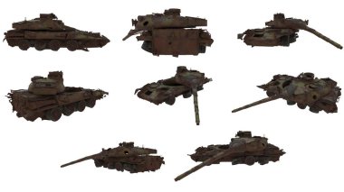 paslı muharebe tankı izole bir beyaz arka plan üzerinde zarar görmüş. 3D çizim