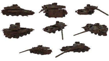 damaged rusty battle tank on an isolated white background. 3d illustration clipart