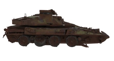 paslı muharebe tankı izole bir beyaz arka plan üzerinde zarar görmüş. 3D çizim