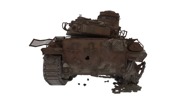 Beschadigd verroeste strijd tank op een afgelegen witte achtergrond. 3D illustratie — Stockfoto