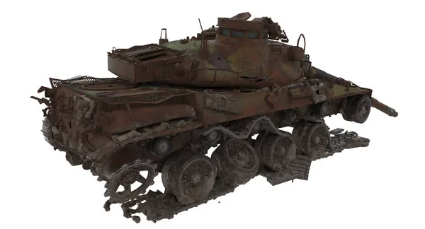 Sérült rozsdás harckocsi egy elszigetelt fehér háttér. 3D-s illusztráció — Stock Fotó