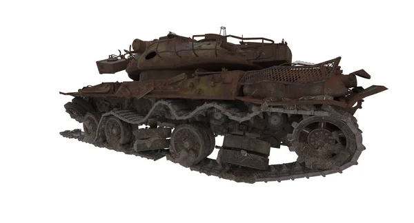 Пошкоджений іржавий бойовий танк на ізольованому білому тлі. 3d ілюстрація — стокове фото