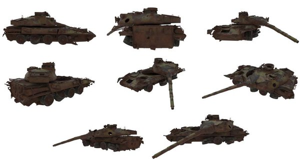 damaged rusty battle tank on an isolated white background. 3d illustration