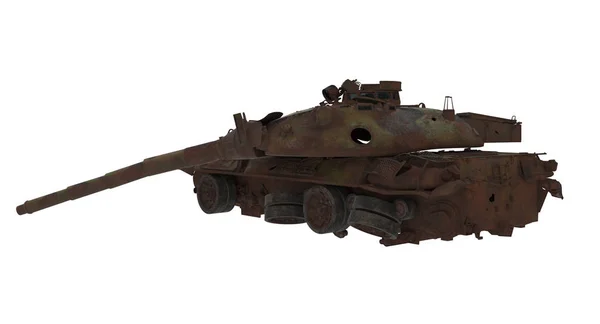 Пошкоджений іржавий бойовий танк на ізольованому білому тлі. 3d ілюстрація — стокове фото