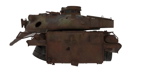 Skadad rostig stridsvagn på en isolerad vit bakgrund. 3D illustration — Stockfoto