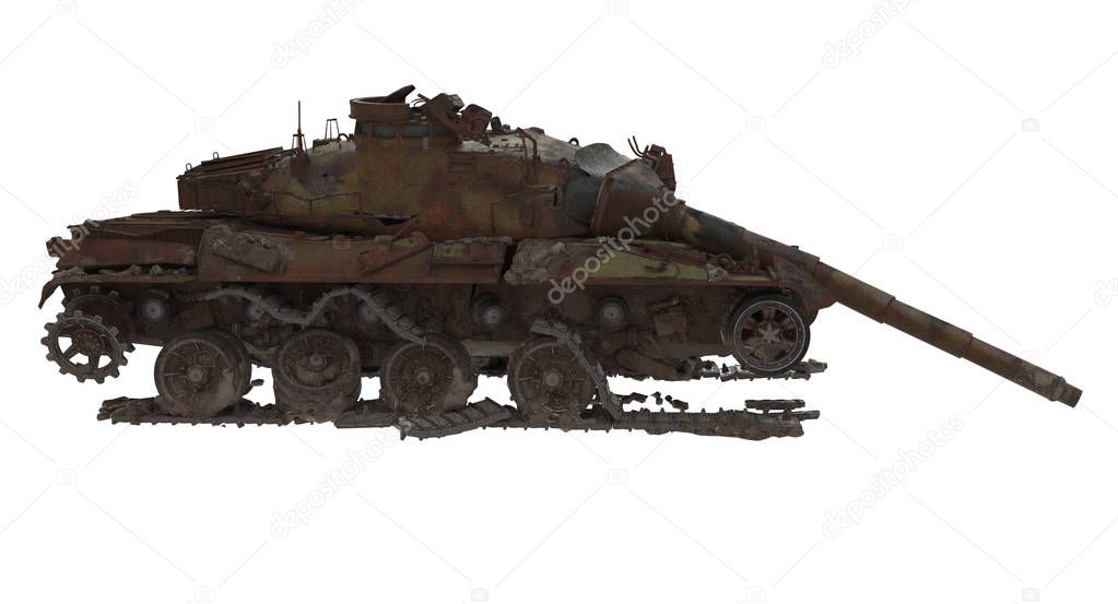 damaged rusty battle tank on an isolated white background. 3d illustration