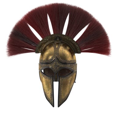 Spartalı kask izole bir beyaz arka plan üzerinde tüyleri ile. 3D çizim