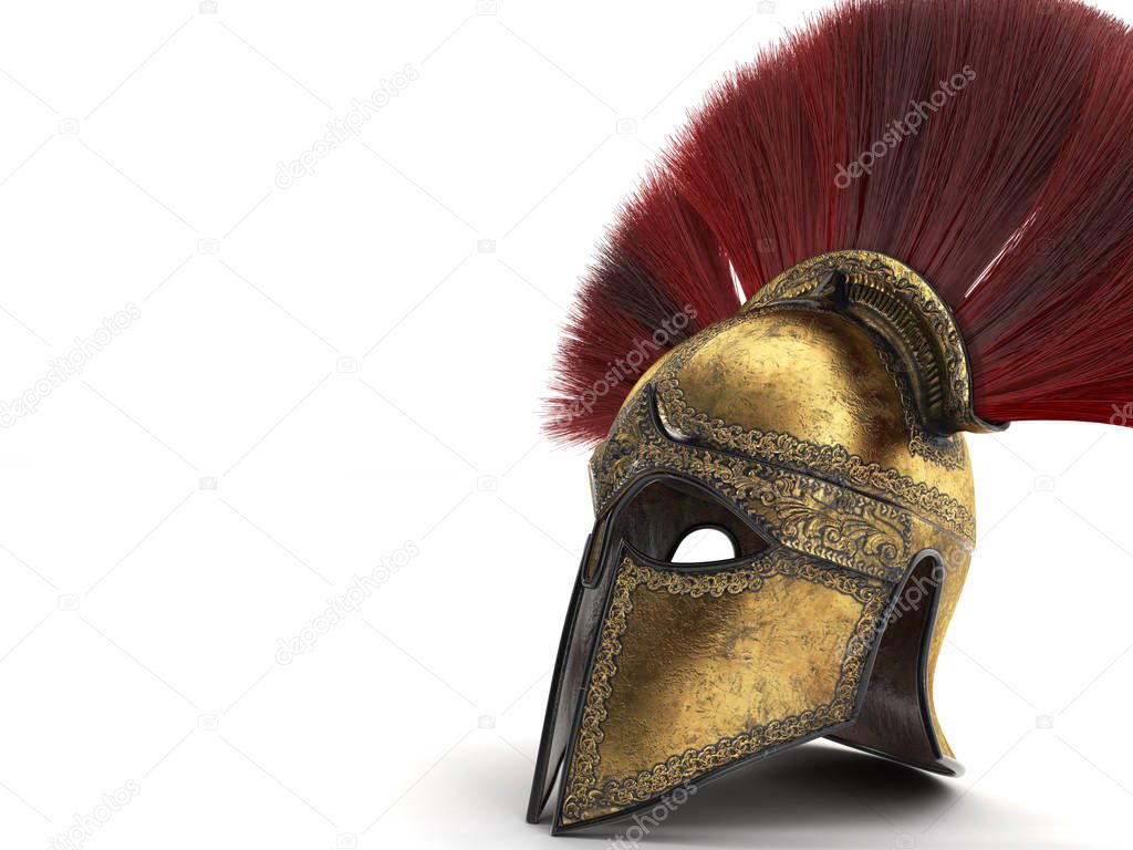 Spartan helmet with red plumage . 3d illustration