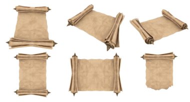 Beyaz bir arka plan üzerinde izole eski kağıt kaydırma haddelenmiş. 3D çizim