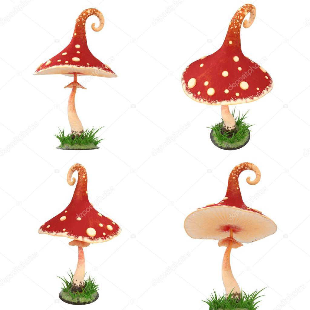 Red mushroom cartoon on white isolated background. 3d illustration