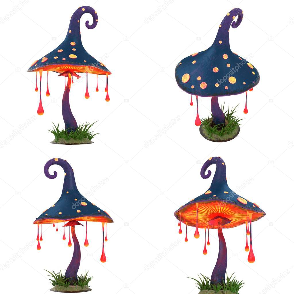 Cartoon Fantasy Magic Glowing Mushroom On White Isolated Background. 3d illustration