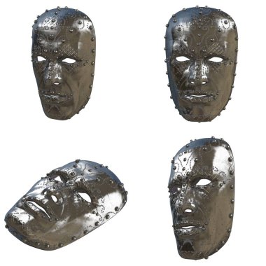 izole beyaz zemin üzerine desenleri ile demir fantezi maskesi yüzünde. 3D çizim