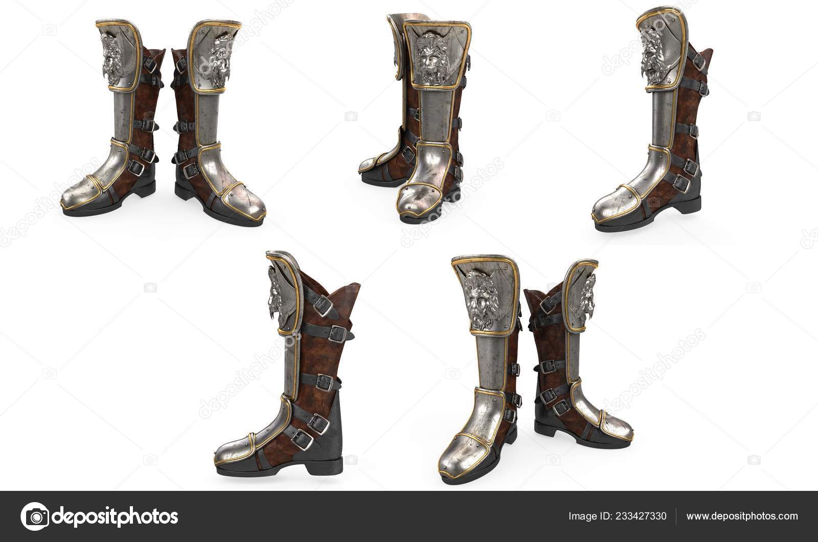 Iron fantasy high boots knight armor isolated on white background. 3d