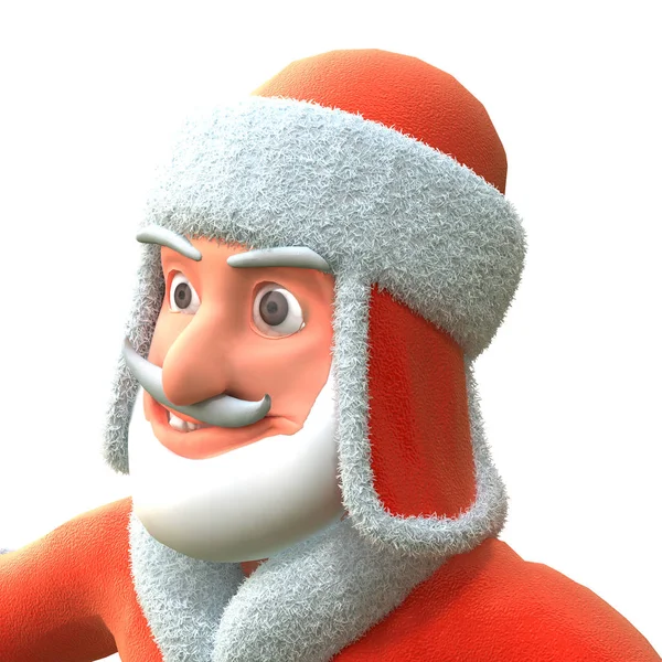 Pazzo cartone animato Santa su uno sfondo bianco isolato. Illustrazione 3d — Foto Stock