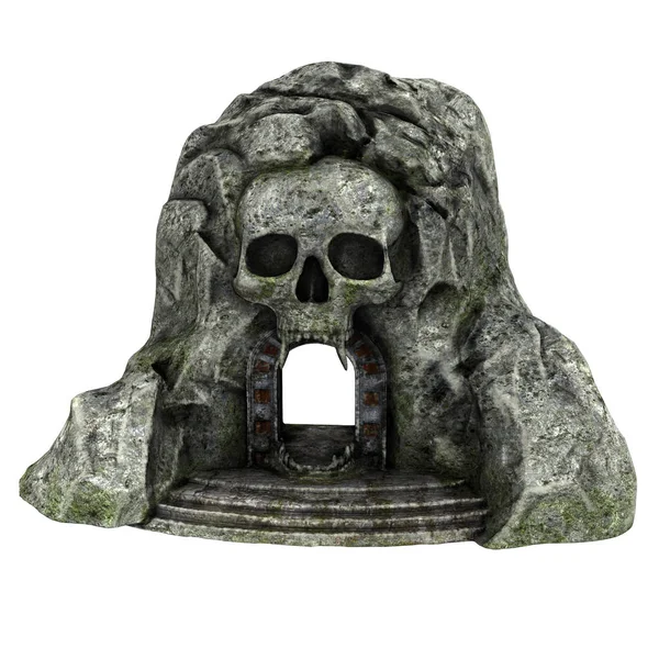 Entrada a una cueva de piedra con un cráneo sobre un fondo blanco aislado. ilustración 3d —  Fotos de Stock