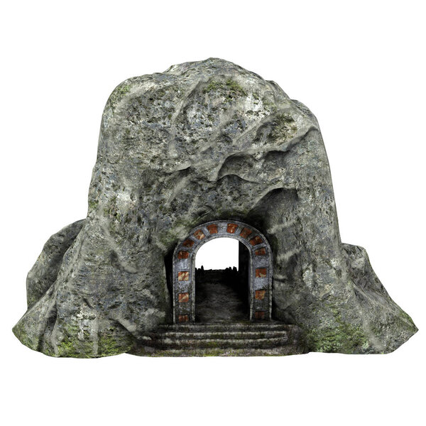 Вход в каменную пещеру с черепом на изолированном белом фоне. 3d иллюстрация
