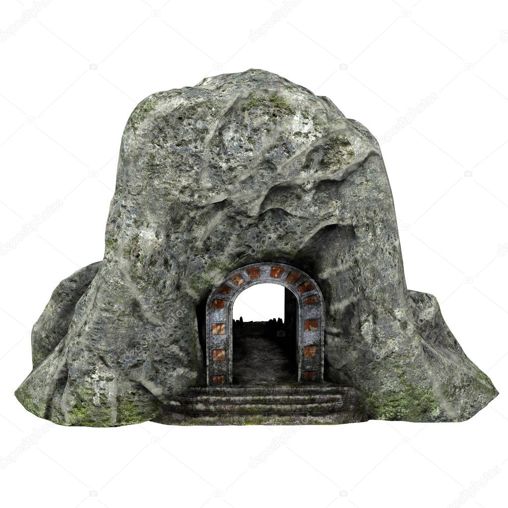 Entrance to a stone cave with a skull on an isolated white background. 3d illustration