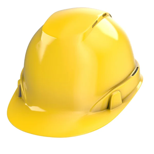 Casco da costruzione giallo su uno sfondo bianco isolato. Illustrazione 3d — Foto Stock