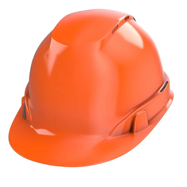 Casco da costruzione arancione su uno sfondo bianco isolato. Illustrazione 3d — Foto Stock