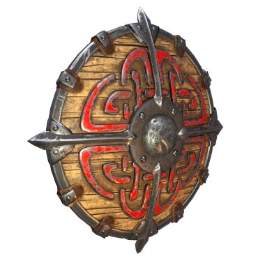 Fantezi yuvarlak viking ahşap kalkan izole beyaz bir arka plan üzerinde. 3d illüstrasyon