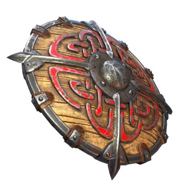 Fantezi yuvarlak viking ahşap kalkan izole beyaz bir arka plan üzerinde. 3d illüstrasyon