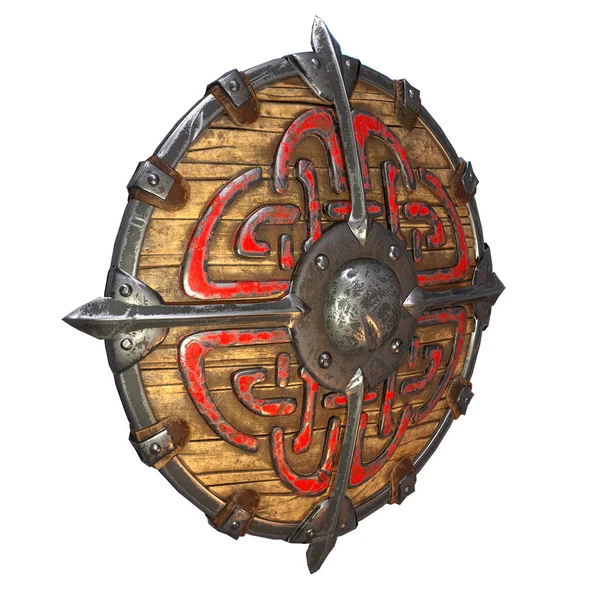 Fantasía redonda vikinga escudo de madera sobre un fondo blanco aislado. ilustración 3d — Foto de Stock
